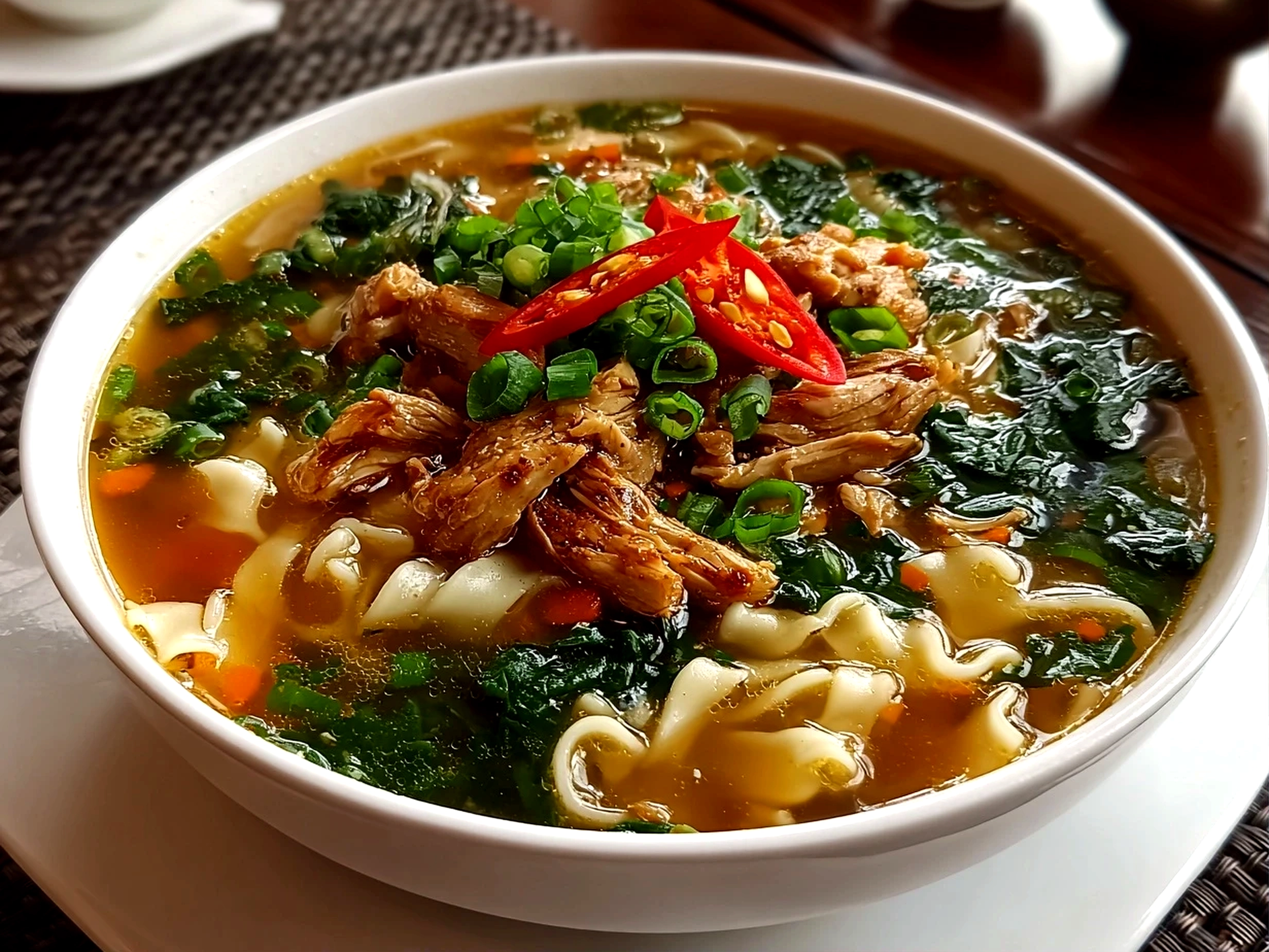 Freshly prepared Ginger Scallion Chicken Noodle Soup