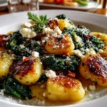Freshly prepared gnocchi with spinach and feta on white plate