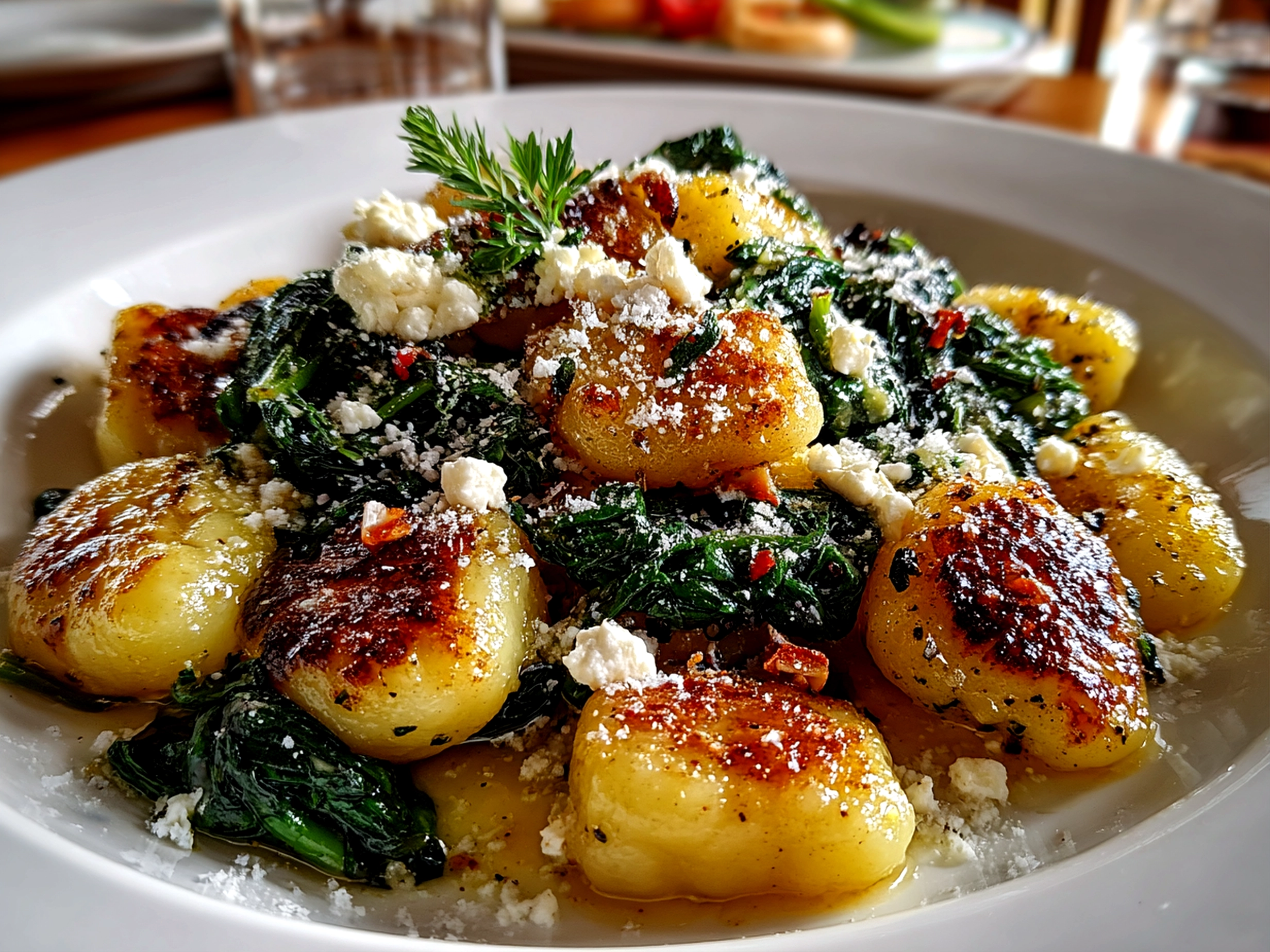 Freshly prepared gnocchi with spinach and feta on white plate