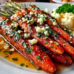 Freshly prepared Honey Garlic Butter Roasted Carrots on white plate