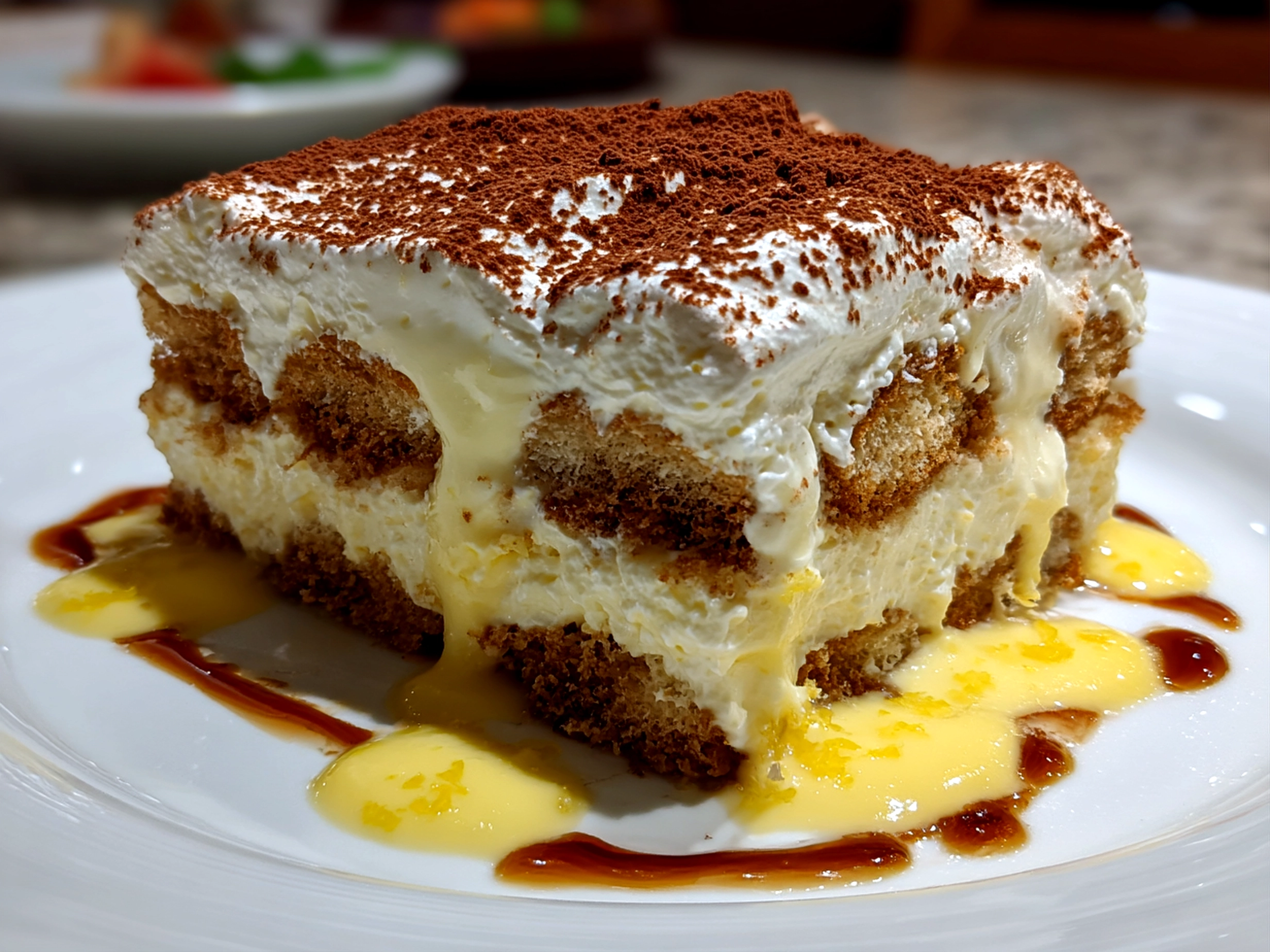 Freshly prepared Limoncello Tiramisu on white plate