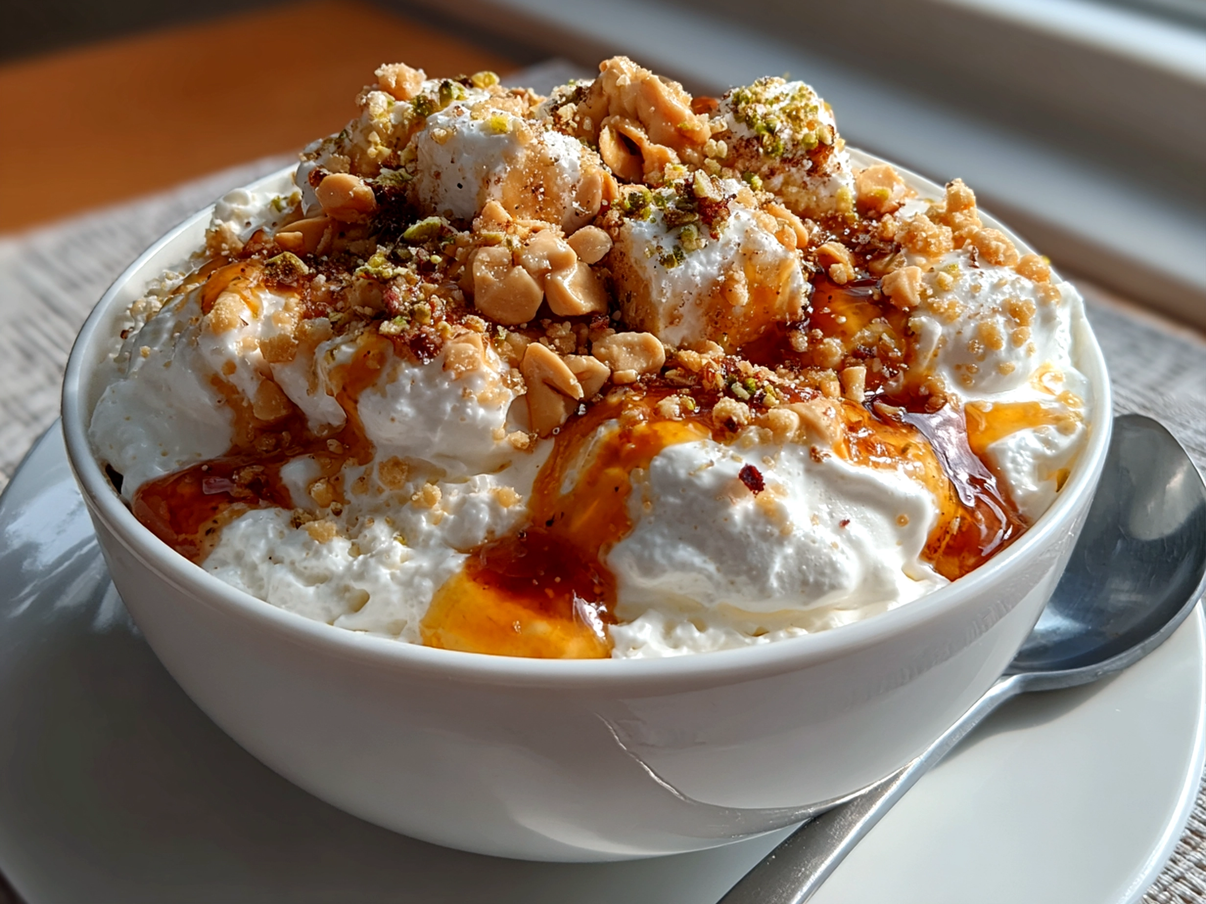 Freshly prepared Peanut Butter Yogurt Fluff Bowl with vibrant toppings