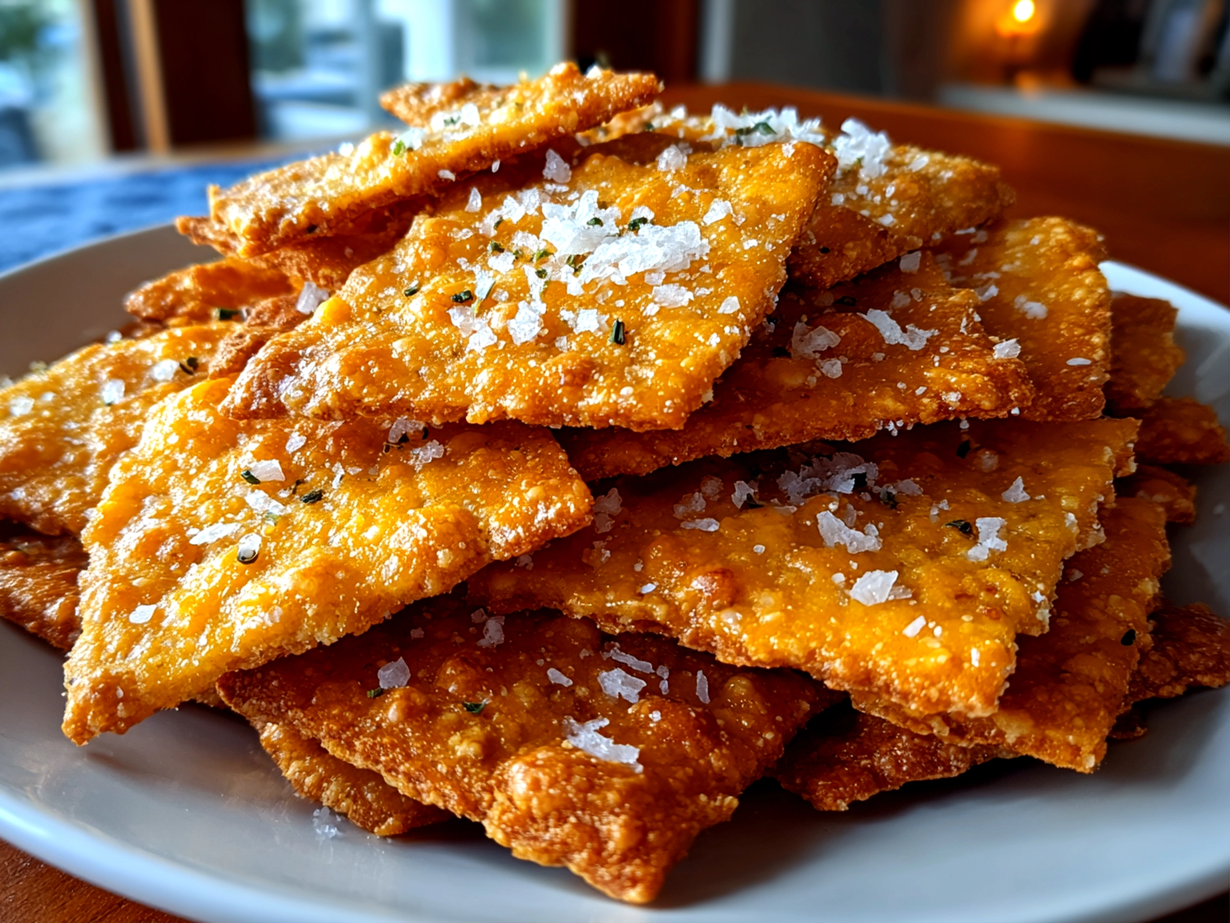 freshly prepared sourdough cheese crackers on white plate