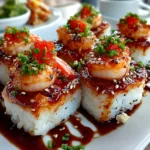 Freshly prepared Spicy Shrimp Sushi Stacks plated on white ceramic