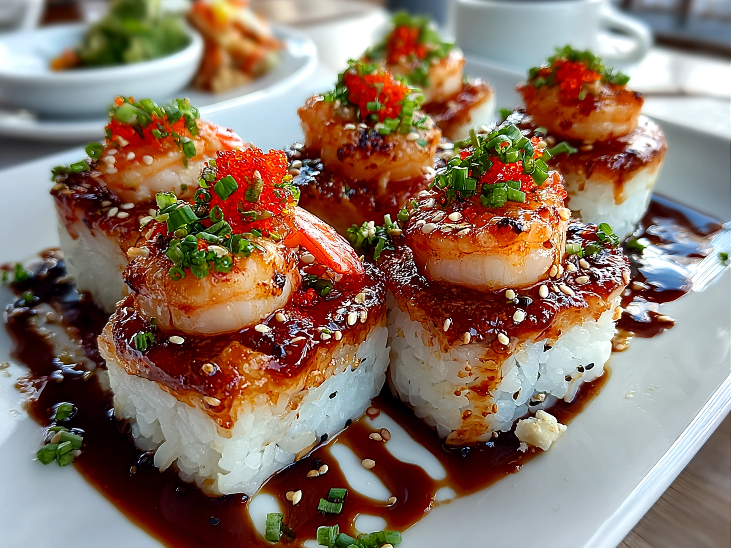 Freshly prepared Spicy Shrimp Sushi Stacks plated on white ceramic