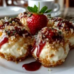 Freshly prepared Strawberry Cheesecake Crunch Bites on white plate