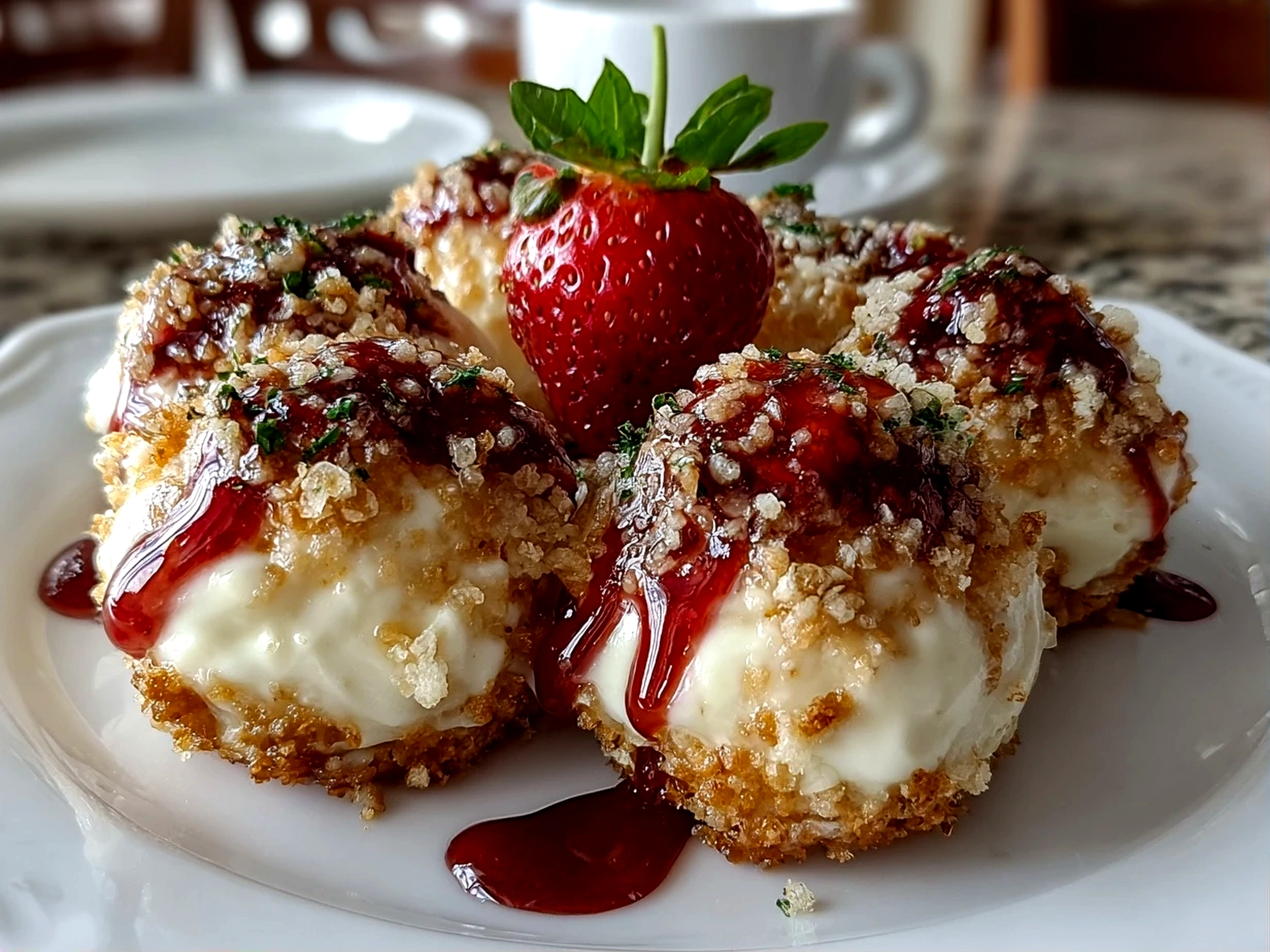 Freshly prepared Strawberry Cheesecake Crunch Bites on white plate