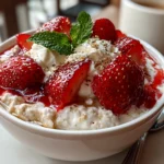 Freshly prepared Strawberry Cheesecake Overnight Oats in a glass jar