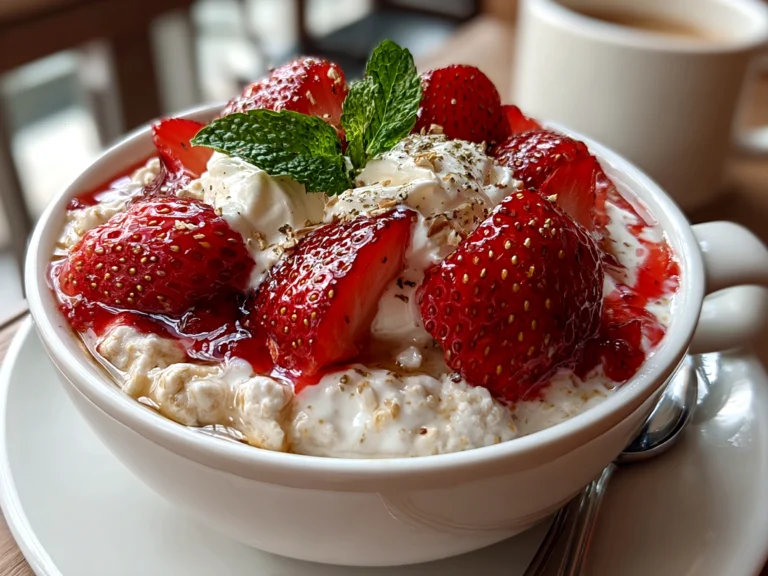 Freshly prepared Strawberry Cheesecake Overnight Oats in a glass jar