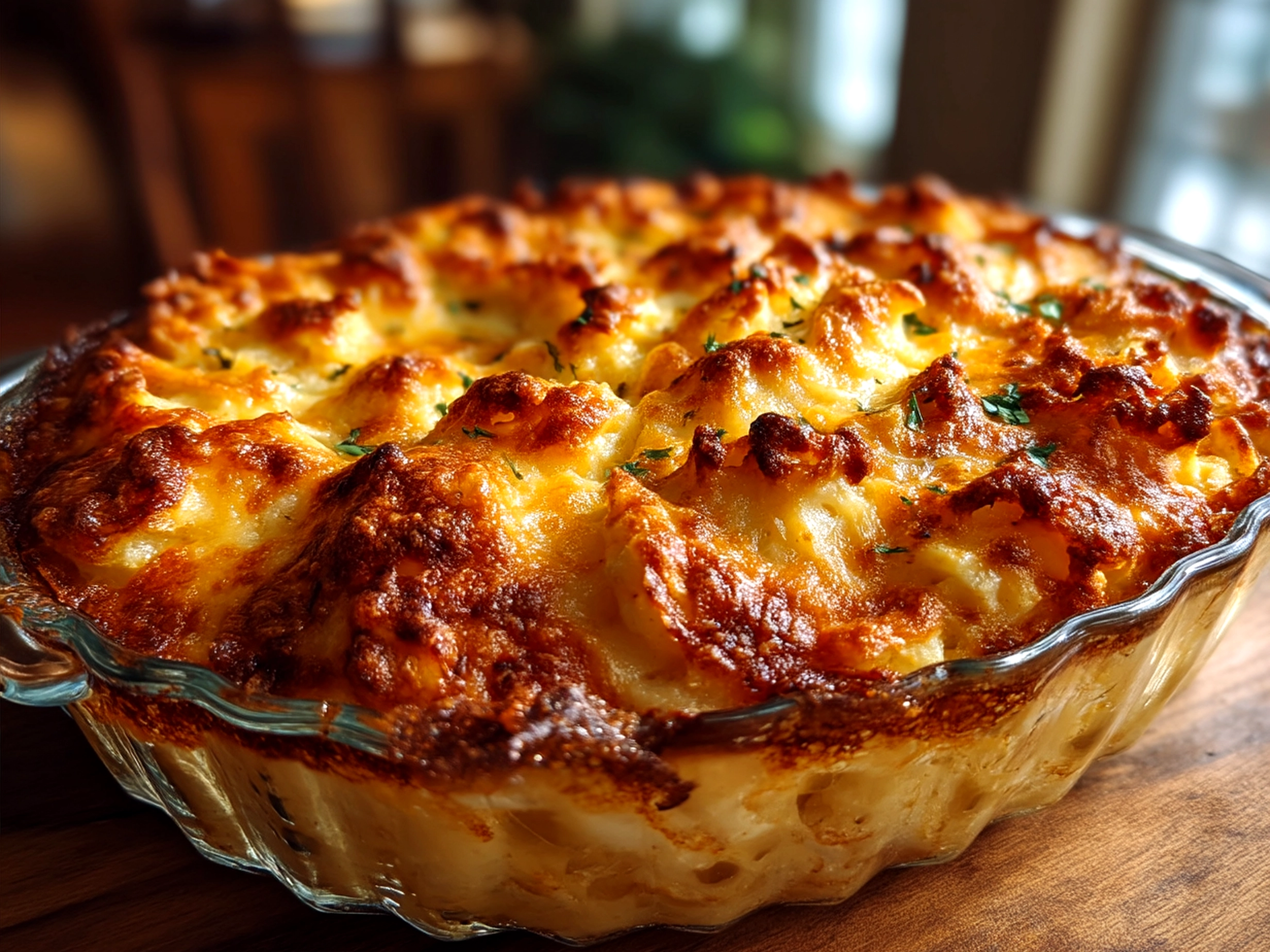 Finished serving of creamy cheesy Funeral Potatoes topped with crispy onions
