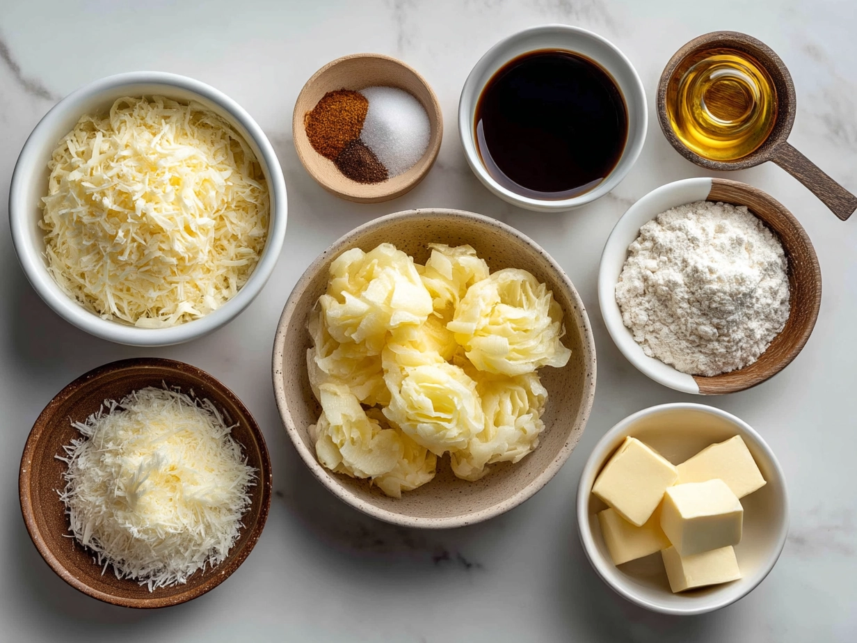 Ingredients for making Funeral Potatoes including cheese, hash browns, cream of chicken soup, sour cream, and crispy fried onions