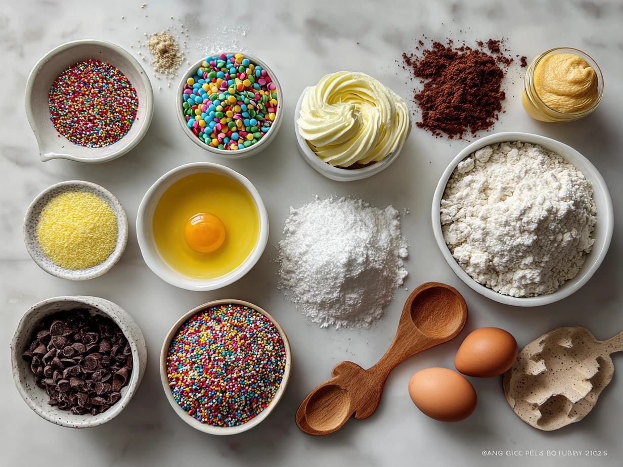 Ingredients for Funfetti Whoopie Pie including flour, baking powder, sprinkles, and cream cheese filling