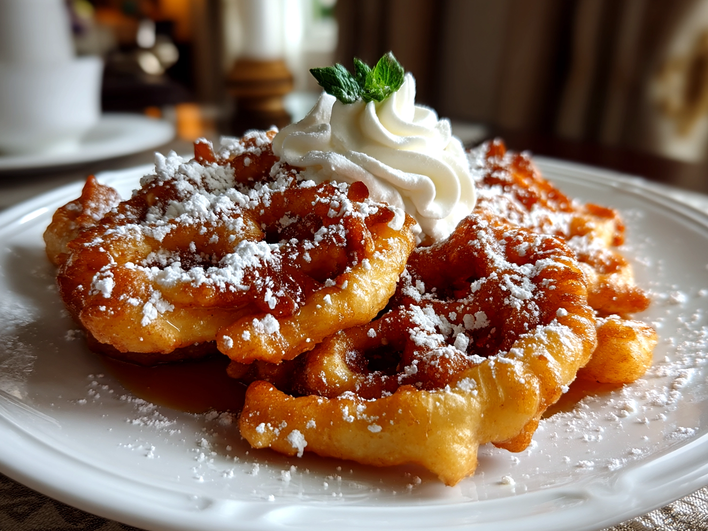 Golden-brown Funnel Cake dusted with powdered sugar served on a plate