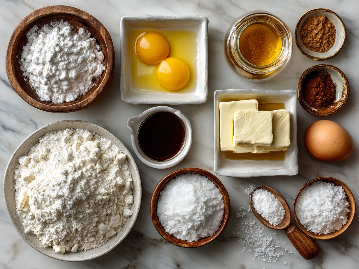 Ingredients laid out for making Funnel Cake including flour, eggs, milk, and cinnamon