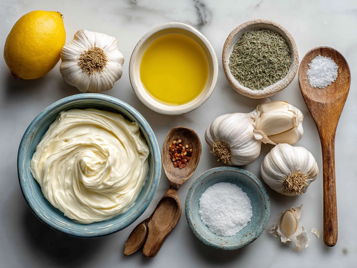 Ingredients for Garlic Aioli Sauce including mayonnaise, garlic, lemon, mustard, paprika, salt, pepper, and olive oil
