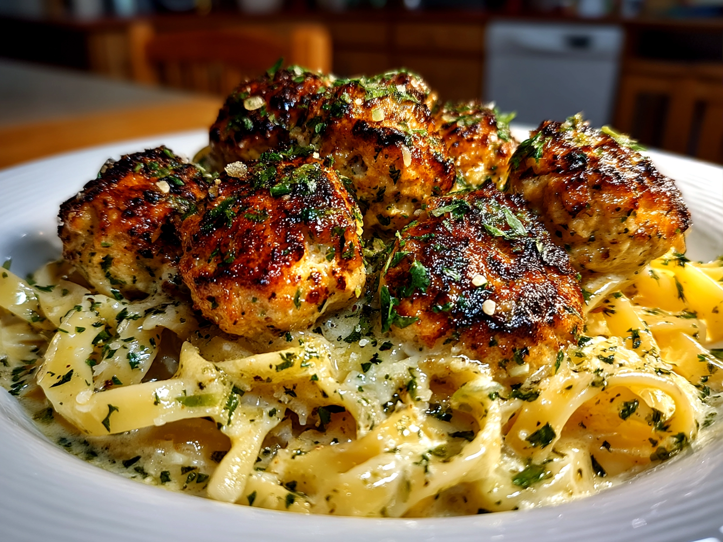 Serving Garlic Butter Chicken Balls with Creamy Parmesan Pasta