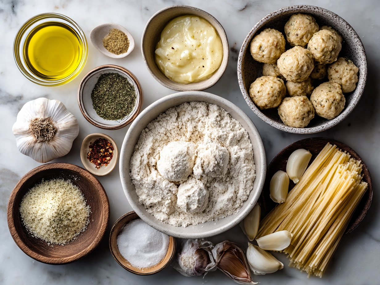 Ingredients for Garlic Butter Chicken Balls with Creamy Parmesan Pasta