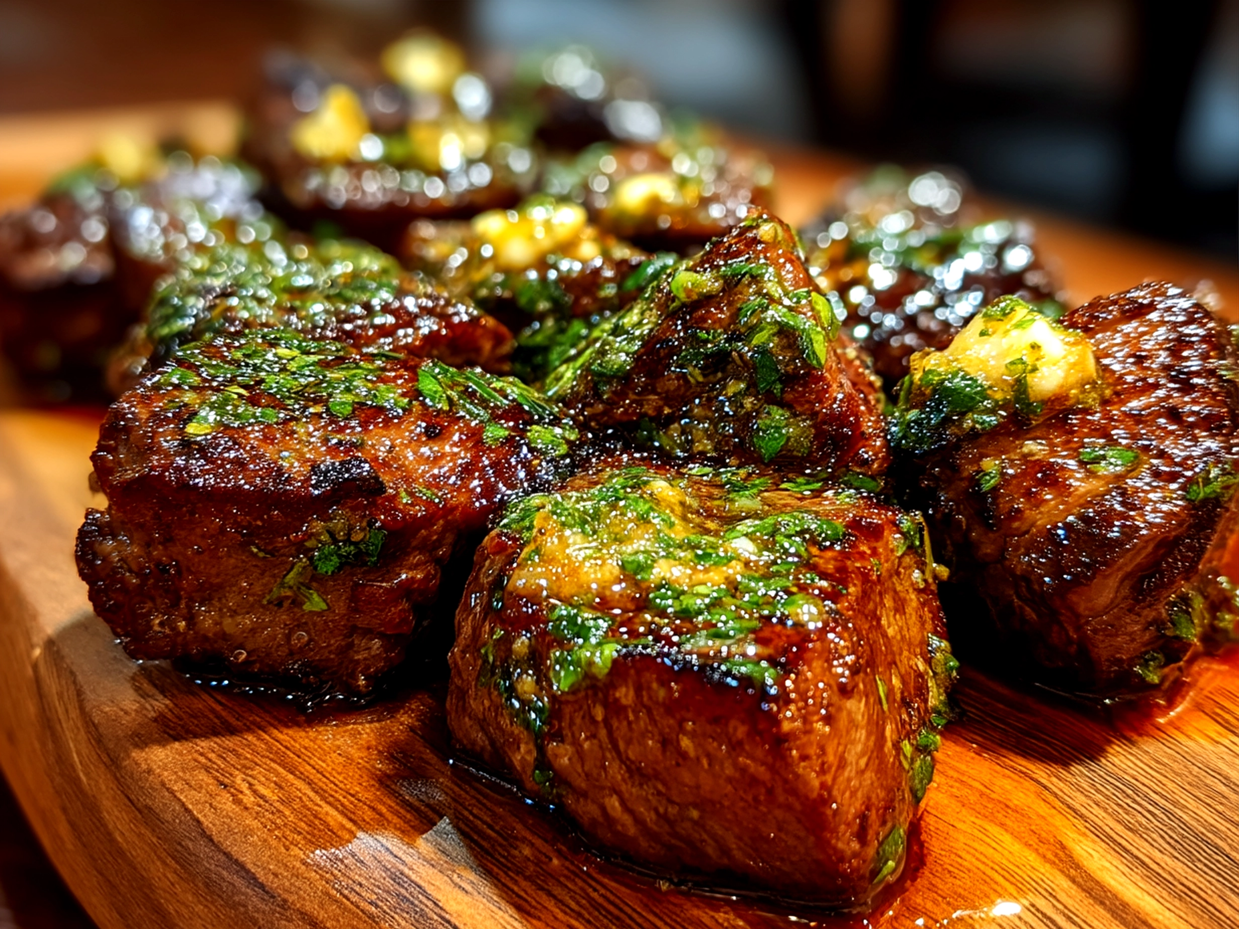 Garlic Butter Steak Bites served with sides in a skillet
