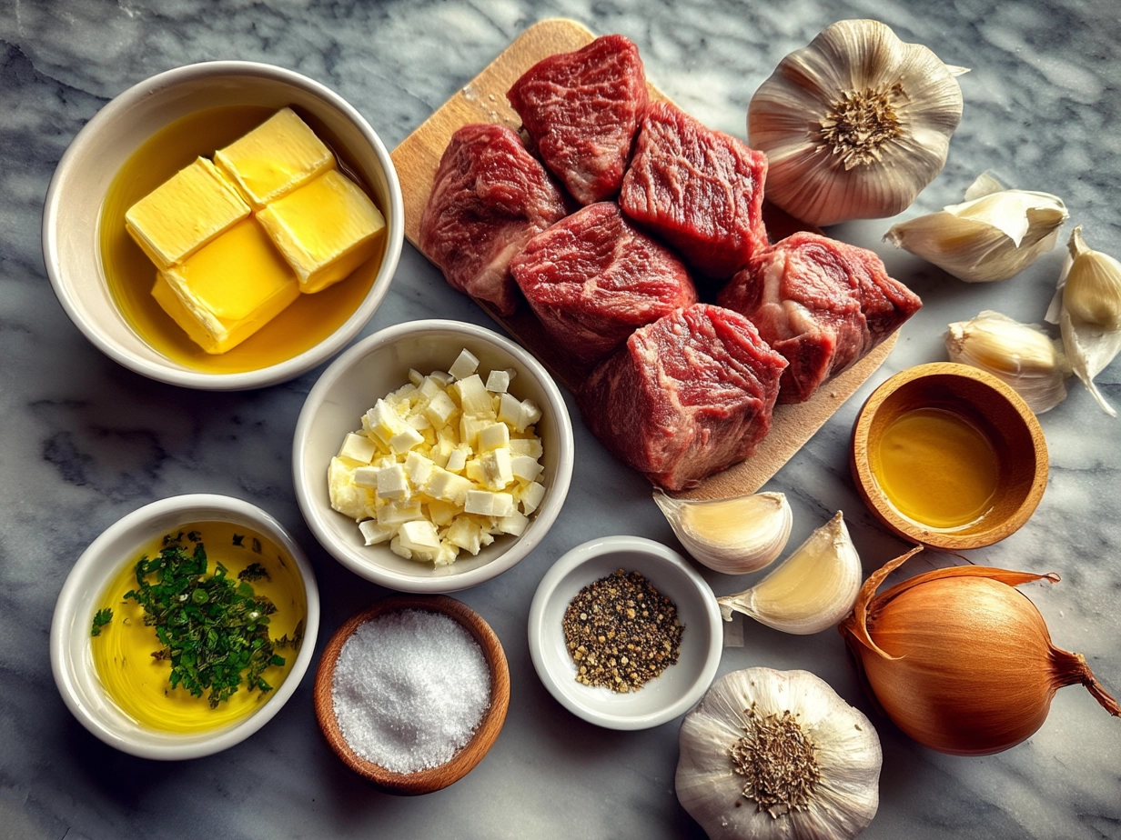 Ingredients for Garlic Butter Steak Bites including sirloin steak, butter, garlic, paprika, and parsley