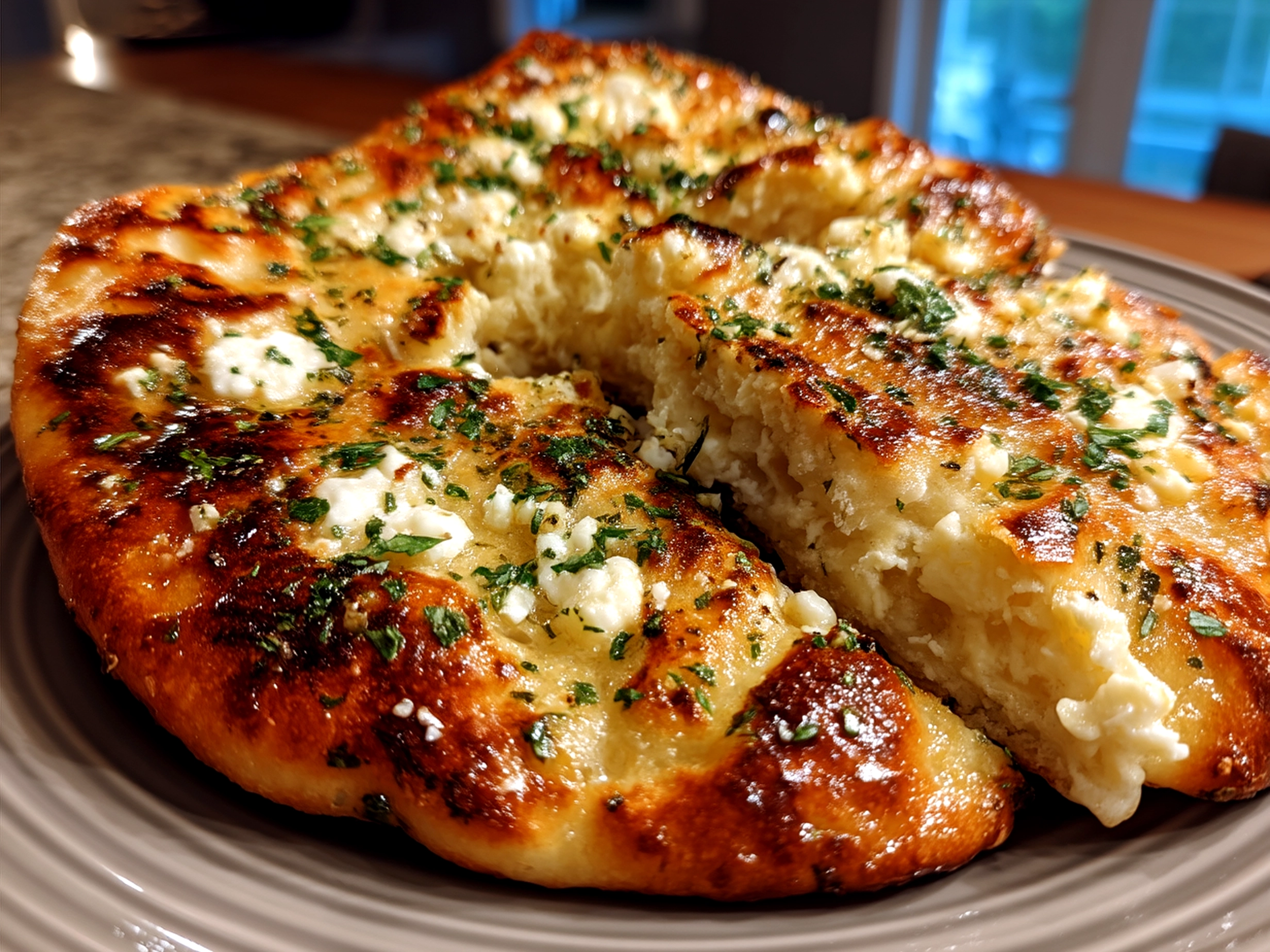 Garlic cottage cheese naan served warm with accompaniments