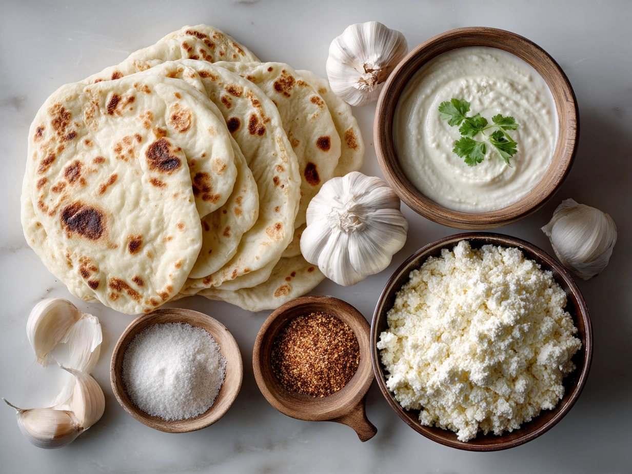 Ingredients for garlic cottage cheese naan laid out
