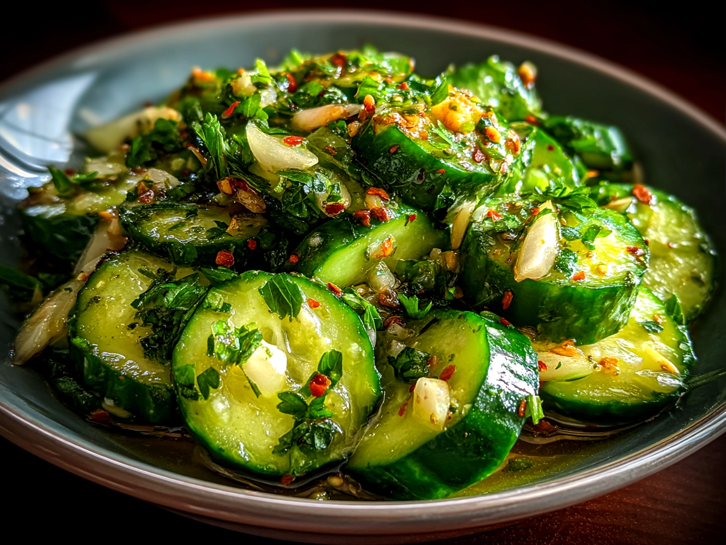 Garlic Cucumber Salad served in a bowl next to grilled dishes