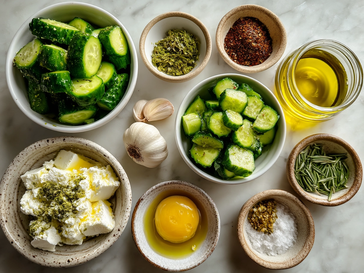 Ingredients for Garlic Cucumber Salad laid out on a table