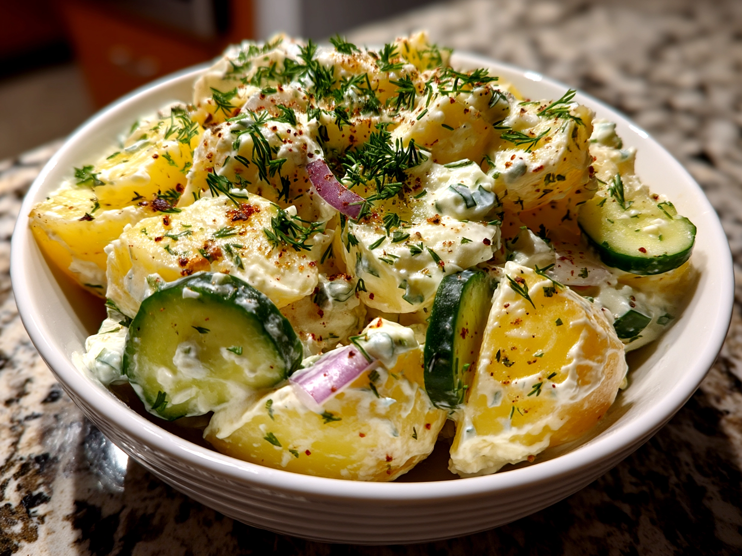Serving Greek Yogurt Potato Salad with Cucumbers in a colorful bowl