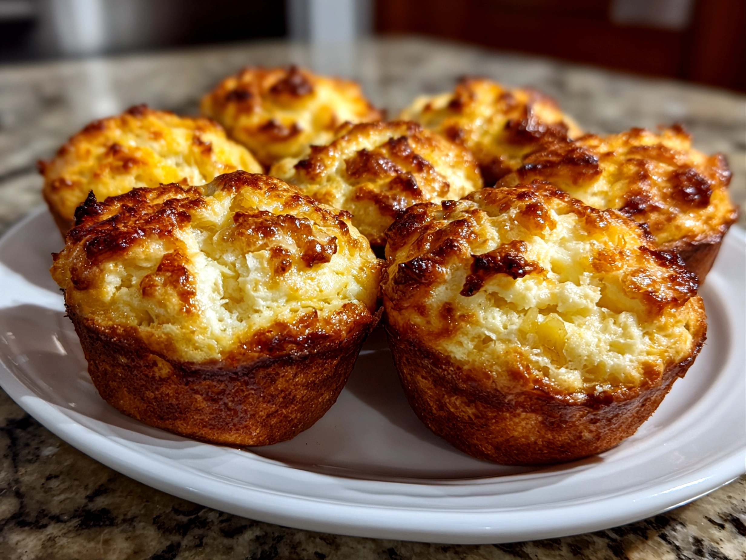 Home cook, taken with iPhone 14 Pro. Close-up slight angle of freshly prepared Coconut and Pineapple Cottage Cheese Muffins on white plate. Fresh vibrant --ar 4:3 --style raw --s 220