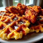 Home cook, taken with iPhone 14 Pro. Close-up slight angle of freshly prepared crispy chicken waffles on white plate. Mouthwatering --ar 4:3 --style raw --s 240