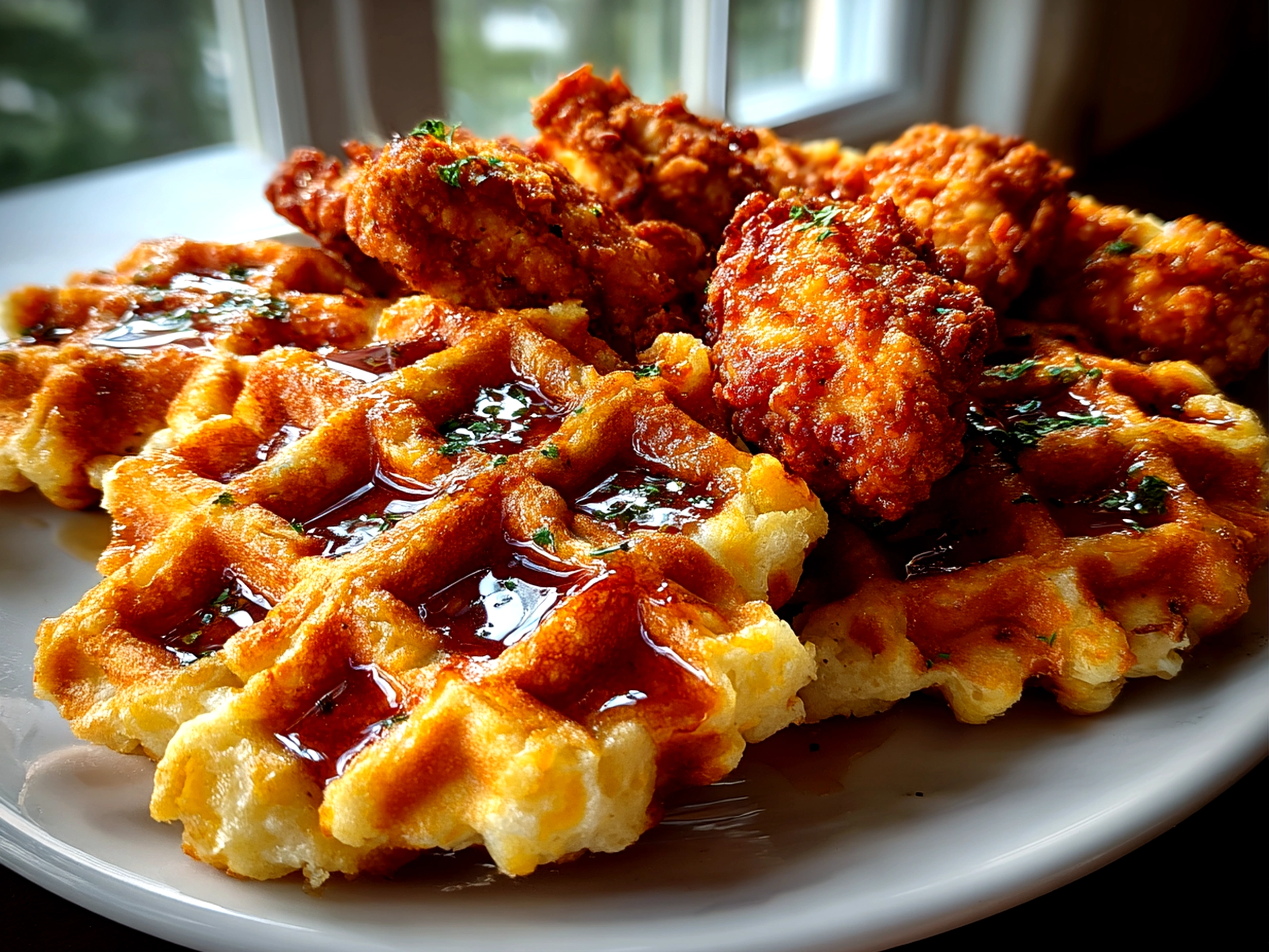 Home cook, taken with iPhone 14 Pro. Close-up slight angle of freshly prepared crispy chicken waffles on white plate. Mouthwatering --ar 4:3 --style raw --s 240