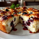 Home cook, taken with iPhone 14. Close-up slight angle of comforting Blueberry Cheesecake Danish Sourdough Focaccia on white plate. Mouthwatering --ar 4:3 --style raw --s 240
