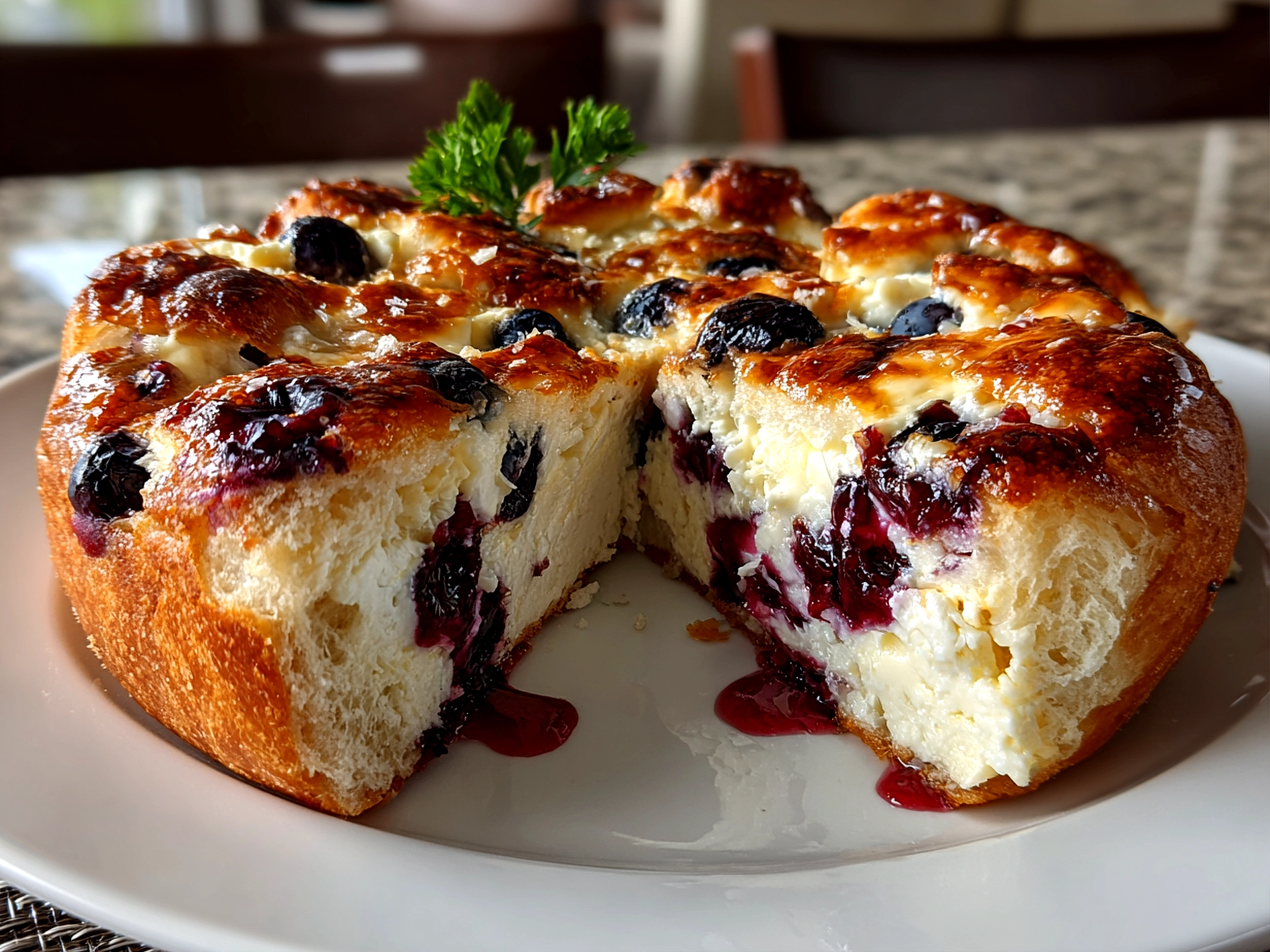 Home cook, taken with iPhone 14. Close-up slight angle of comforting Blueberry Cheesecake Danish Sourdough Focaccia on white plate. Mouthwatering --ar 4:3 --style raw --s 240