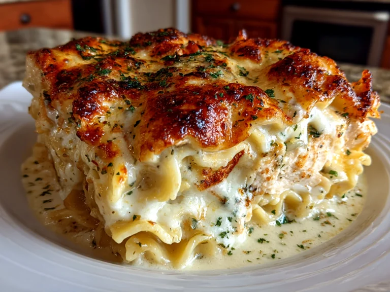 Home Cook, taken with iPhone 14. Close-up slight angle of comforting Chicken Alfredo Lasagna Soup on white plate. Hearty comforting --ar 4:3 --style raw --s 240