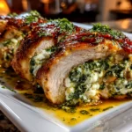 Home cook, taken with iPhone 14. Close-up slight angle of freshly prepared Pesto Stuffed Chicken Breast on white plate. Rich inviting --ar 4:3 --style raw --s 240