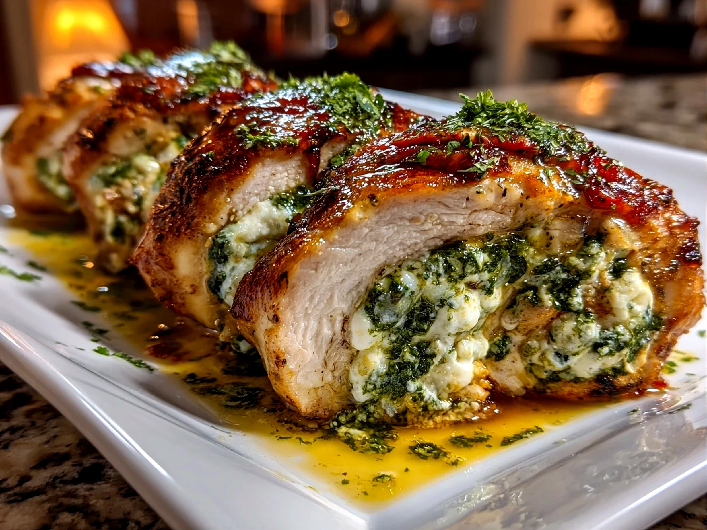 Home cook, taken with iPhone 14. Close-up slight angle of freshly prepared Pesto Stuffed Chicken Breast on white plate. Rich inviting --ar 4:3 --style raw --s 240