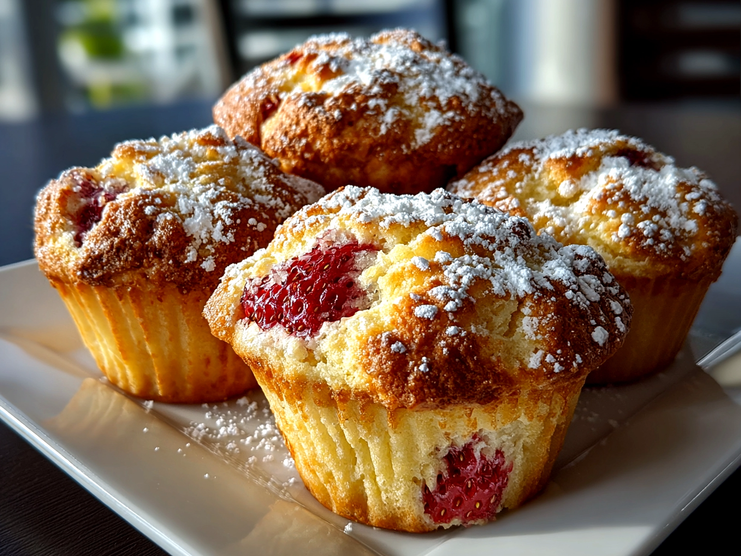 Home Cook, taken with iPhone 14. Close-up slight angle of freshly prepared Strawberry Ricotta Muffins on white plate. Mouthwatering --ar 4:3 --style raw --s 250