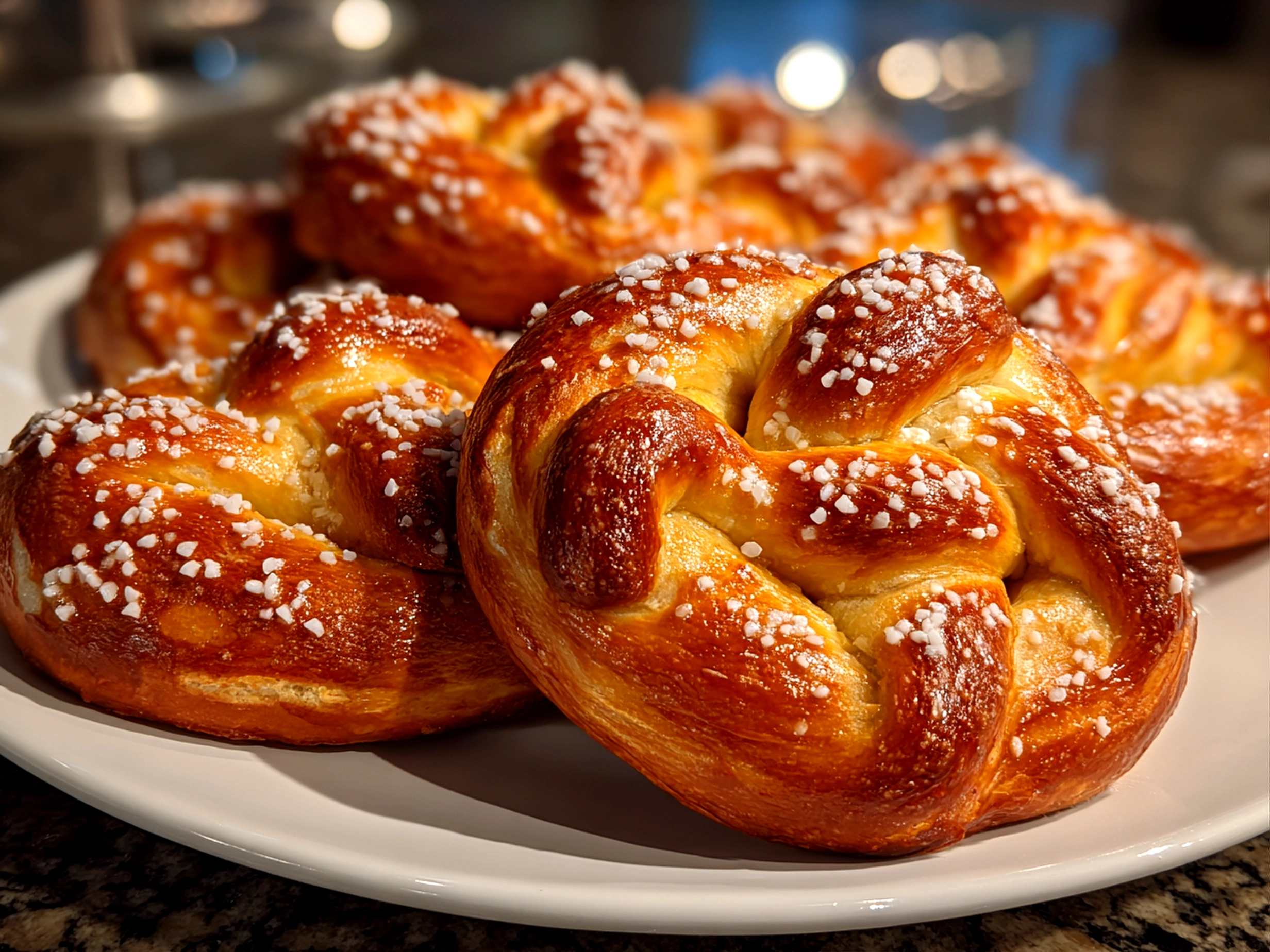 Home cook, taken with iPhone 14. Close-up slight angle of homemade basketball pretzel cookies on white plate. Mouthwatering --ar 4:3 --style raw --s 230