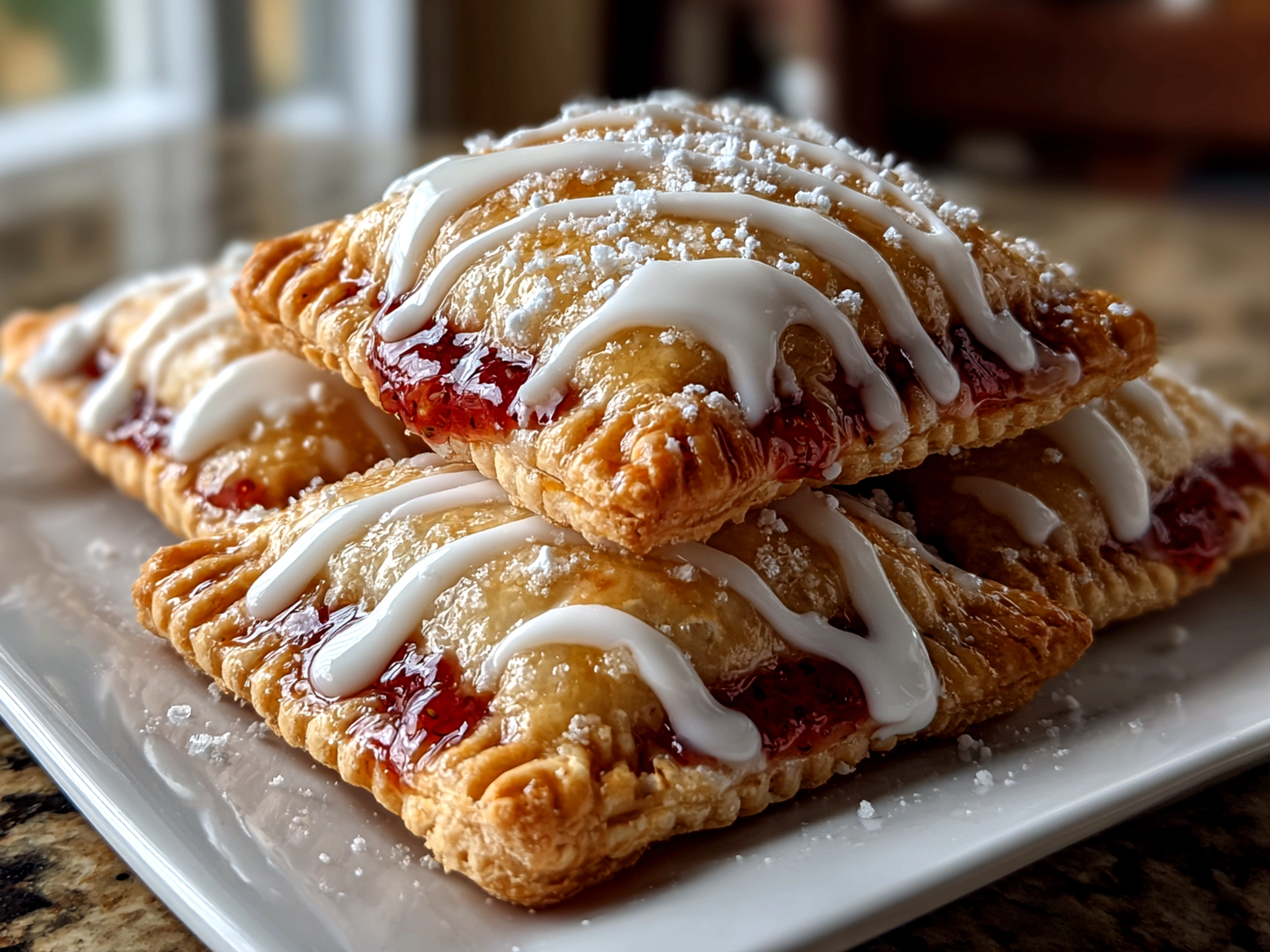 Home cook, taken with iPhone 14. Close-up slight angle of homemade strawberry pop tart cookies on white plate. Mouthwatering --ar 4:3 --style raw --s 240