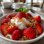 Home cook, taken with iPhone 15 Pro. Close-up slight angle of delicious Valentine Breakfast Nice Cream Bowl on white plate. Fresh vibrant --ar 4:3 --style raw --s 240