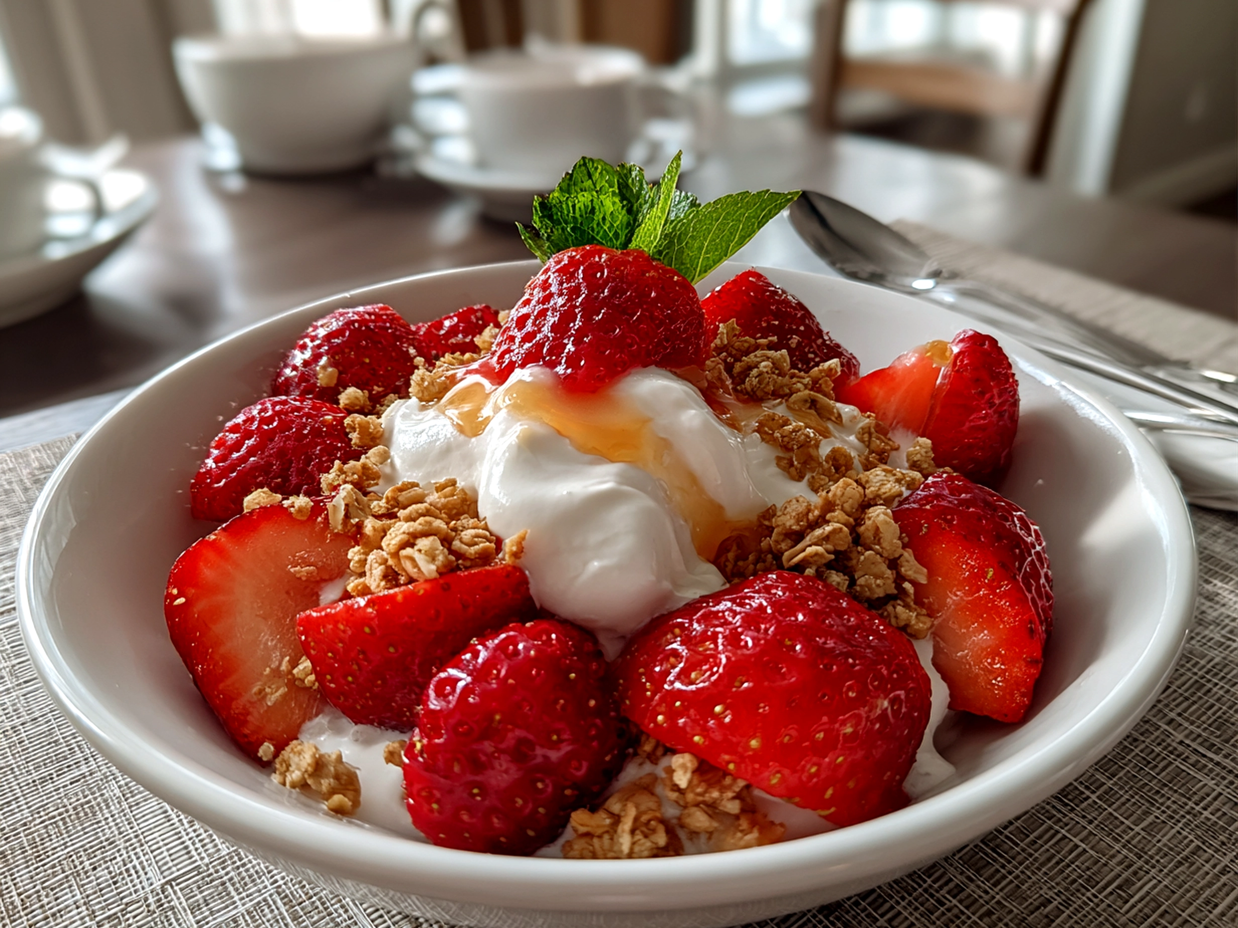 Home cook, taken with iPhone 15 Pro. Close-up slight angle of delicious Valentine Breakfast Nice Cream Bowl on white plate. Fresh vibrant --ar 4:3 --style raw --s 240