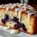 Homemade Blueberry Sour Cream Coffee Cake fresh on white plate