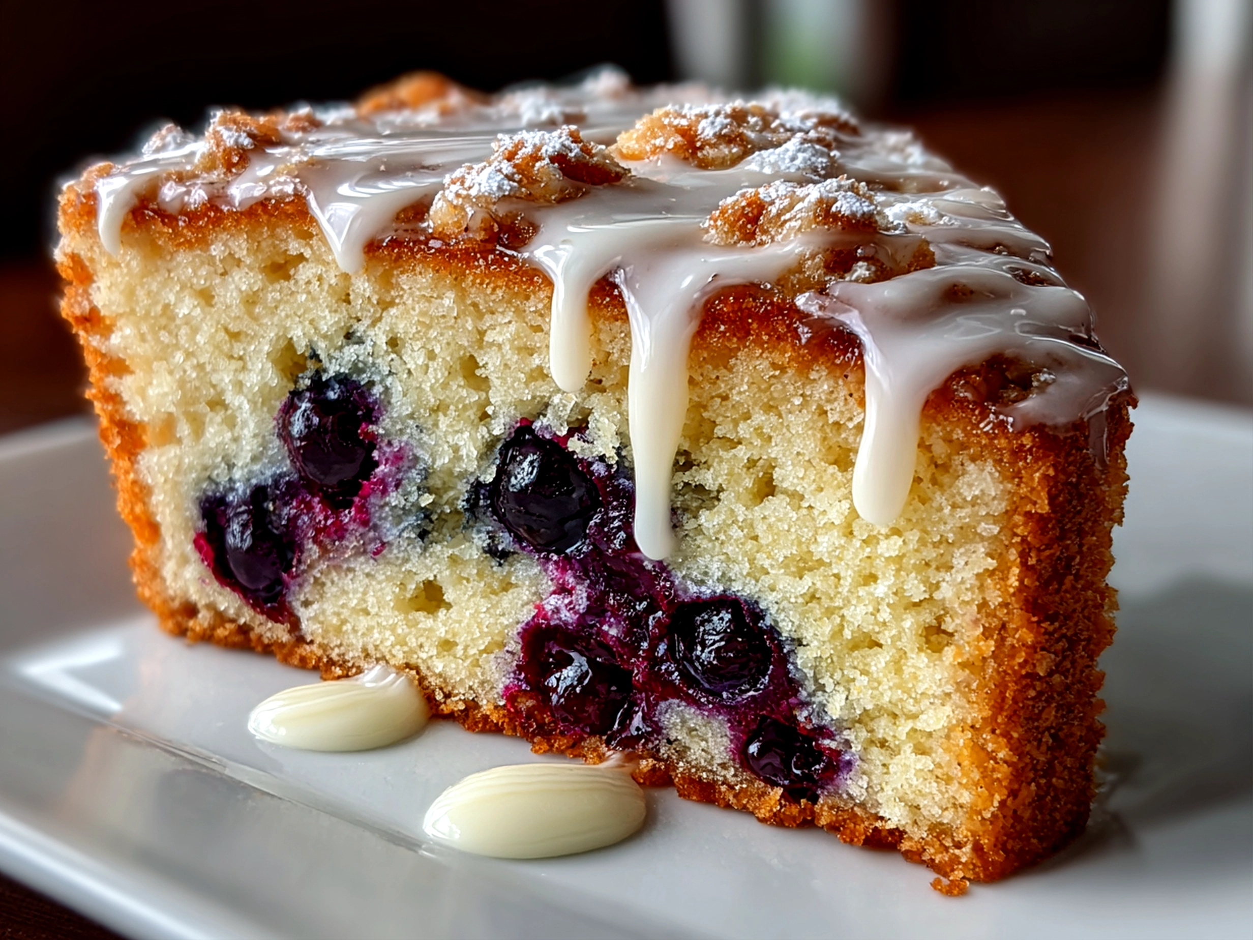 Homemade Blueberry Sour Cream Coffee Cake fresh on white plate