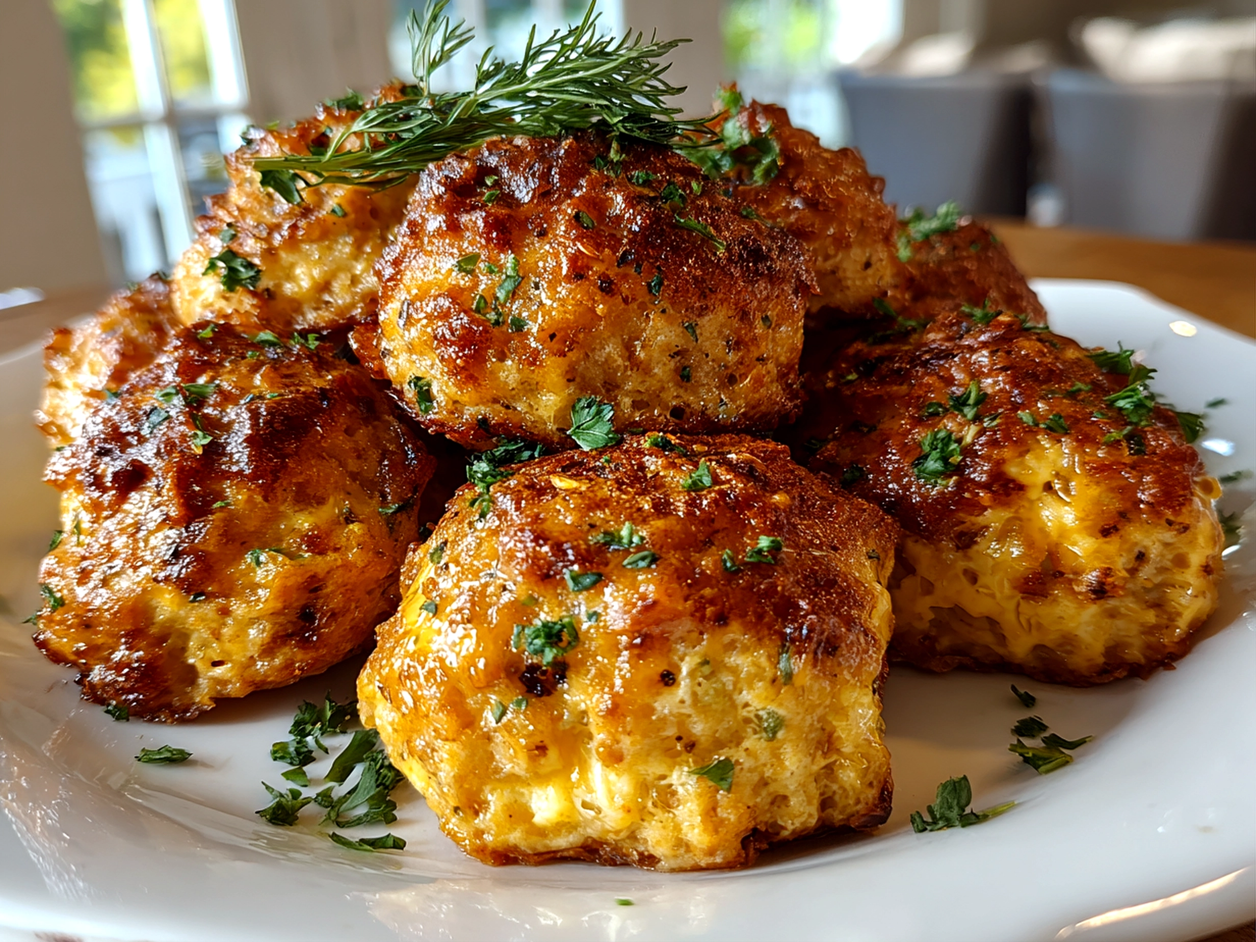 Homemade Cheddar Bay Sausage Balls on white plate
