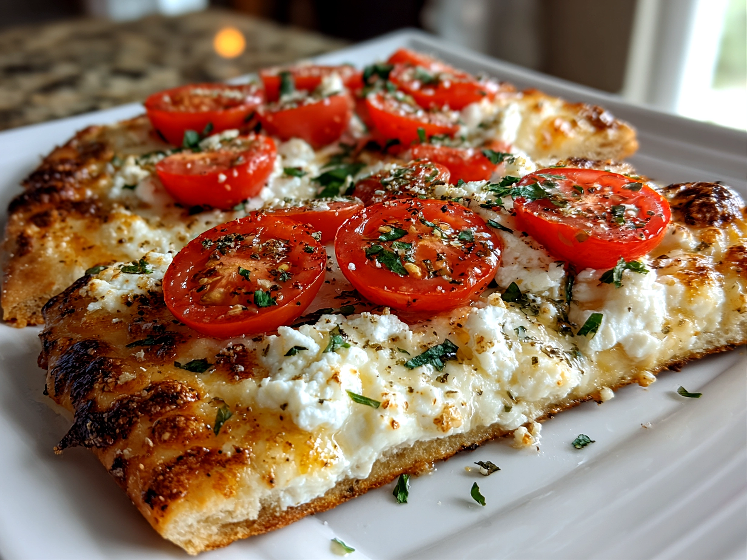 Homemade cottage cheese flatbread pizza on clean counter