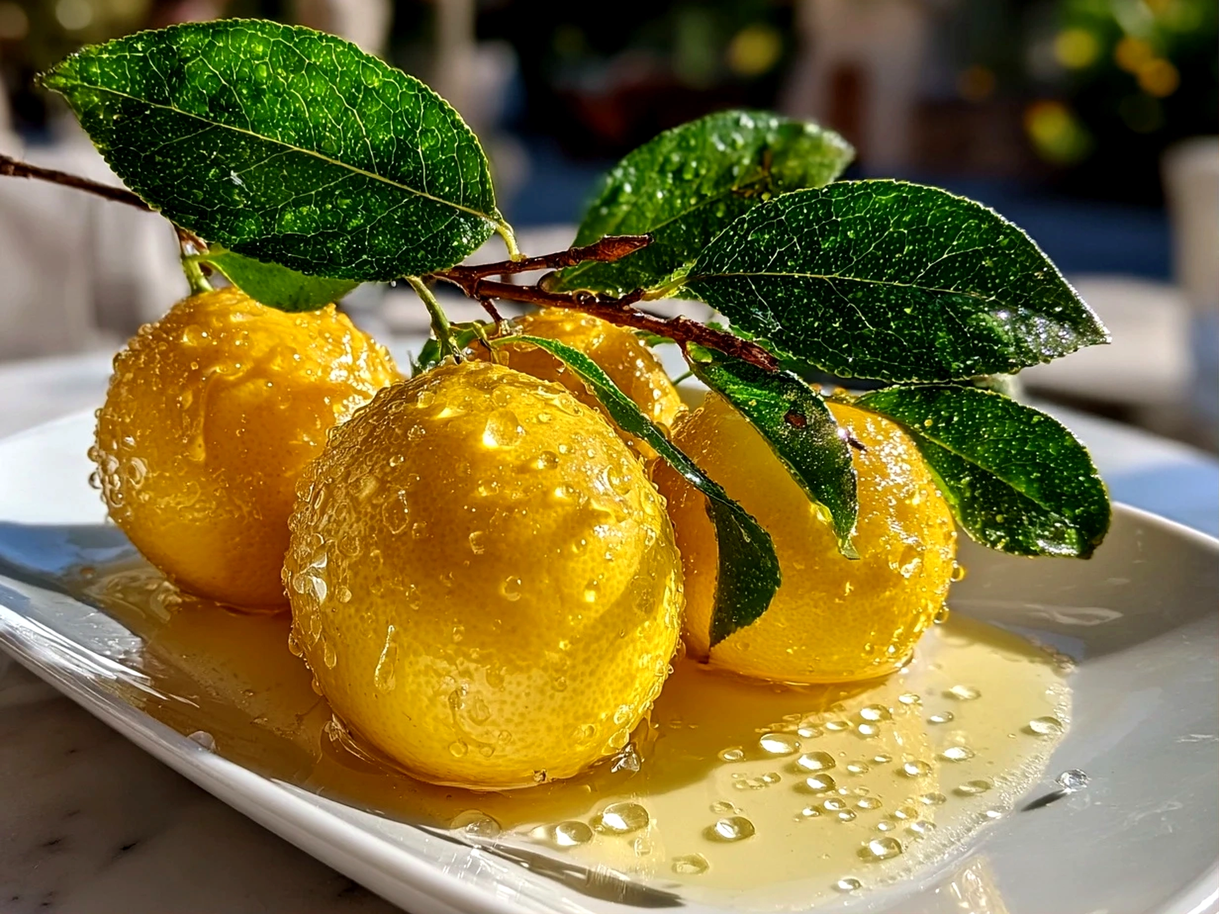 Homemade limoncello close-up on white plate