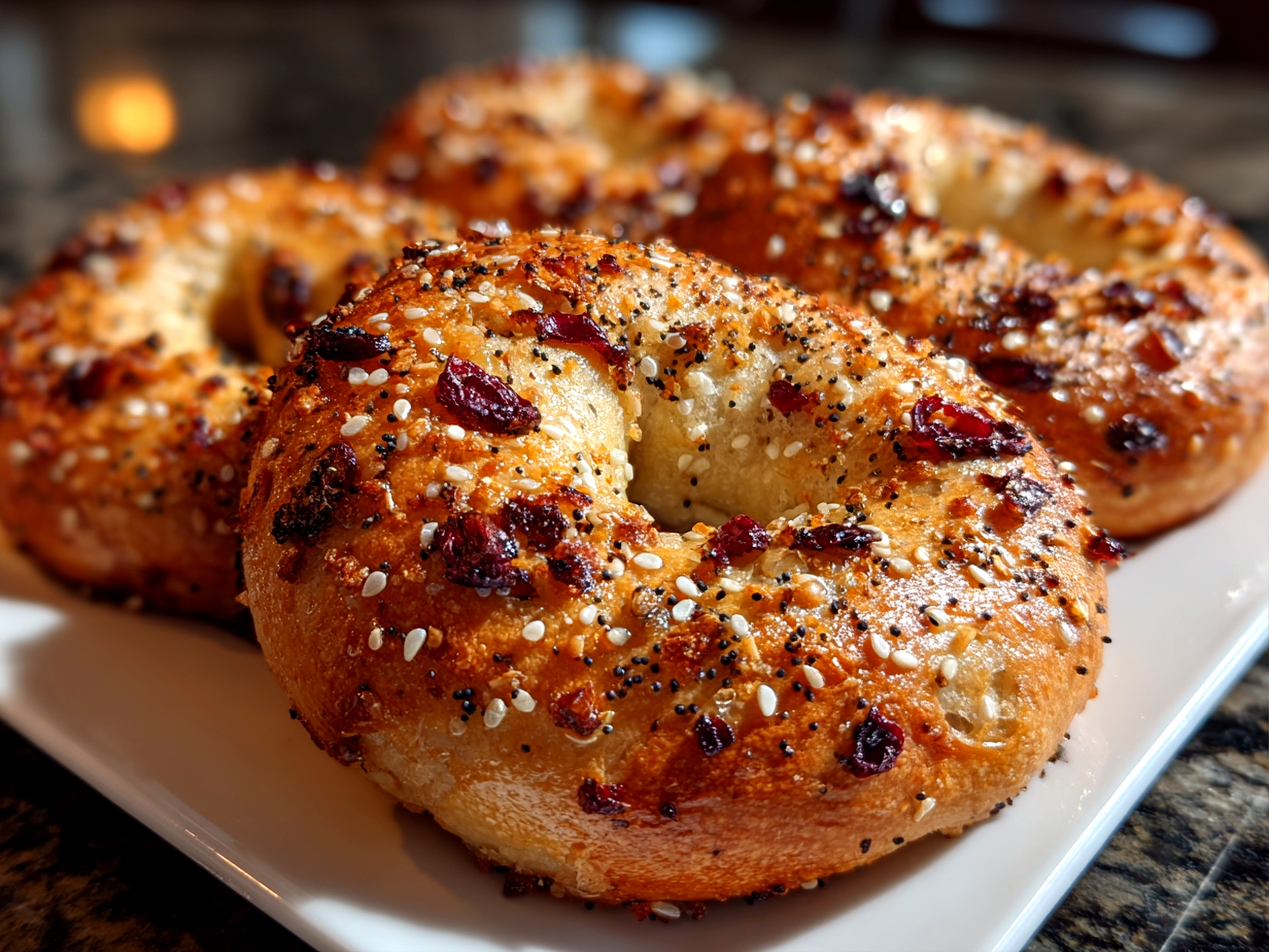 Homemade sourdough blueberry bagels fresh from oven