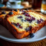Homemade sourdough discard blueberry bread fresh on white plate