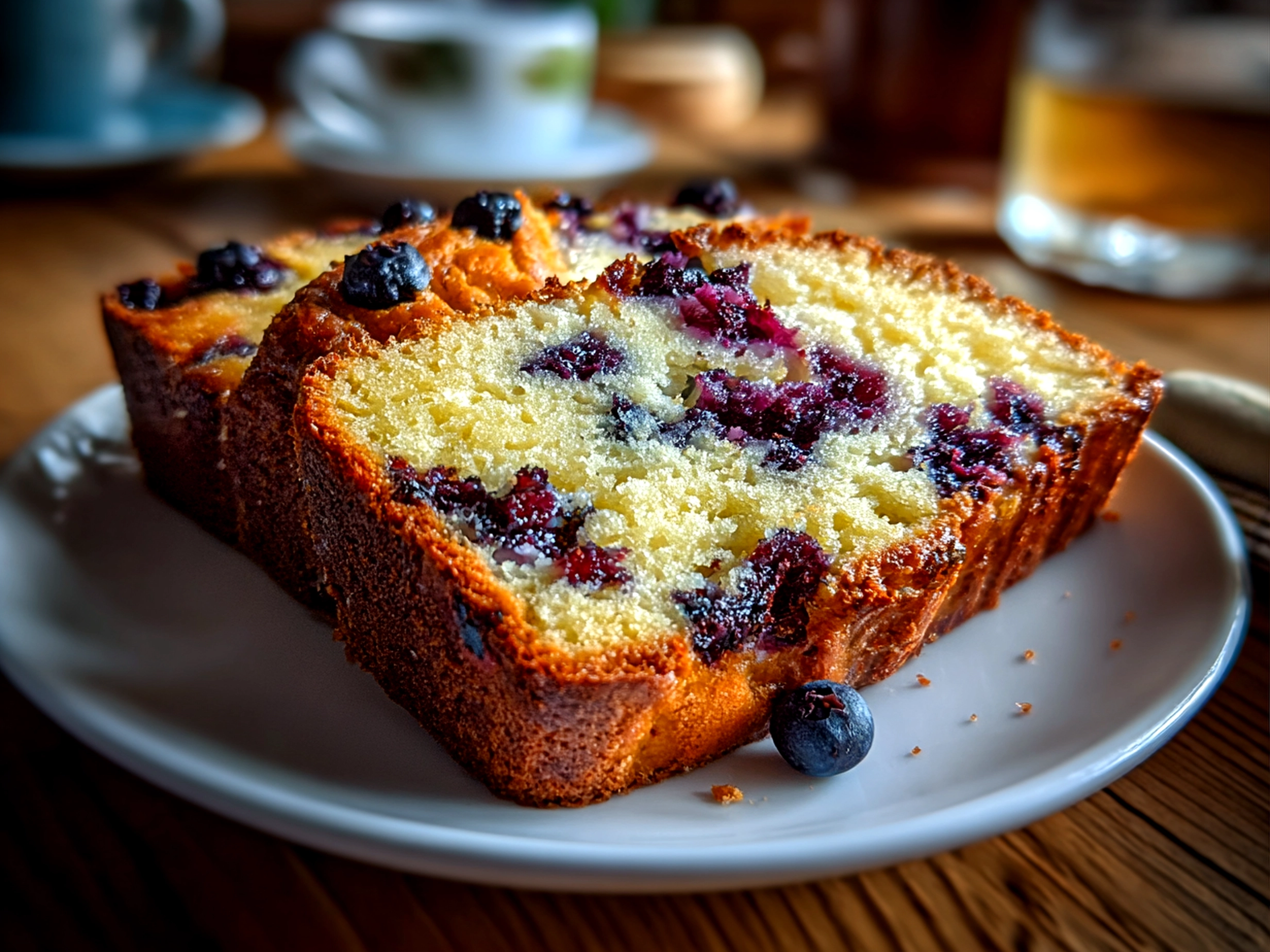 Homemade sourdough discard blueberry bread fresh on white plate