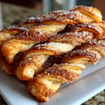 Homemade sourdough discard cinnamon sugar twists fresh on white plate